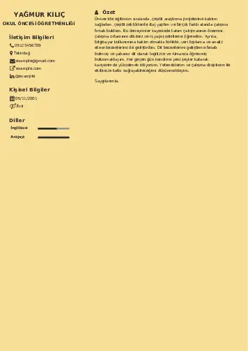 Okul Öncesi Öğretmeni Öğretmenliği Cv Örnekleri cv indir